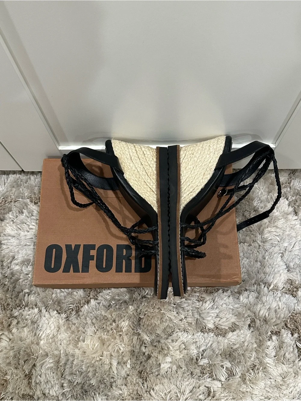 Oxford Black Braided Espadrille Wedge Sandal Sz 38
